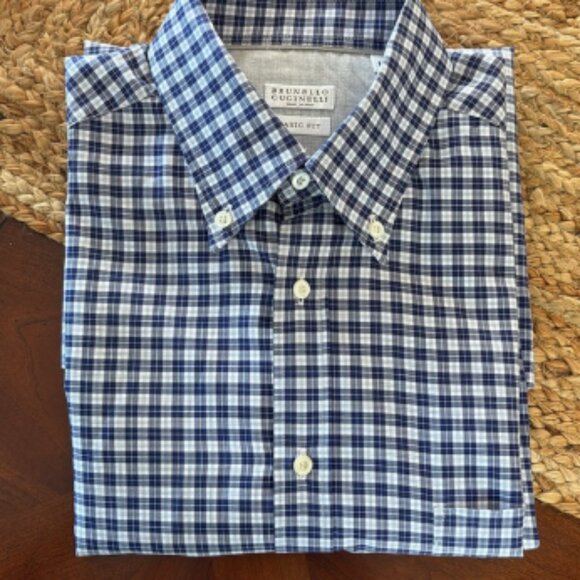 Brunello Cucinelli Navy Checkered Button Down Shirt - Picture 1 of 8